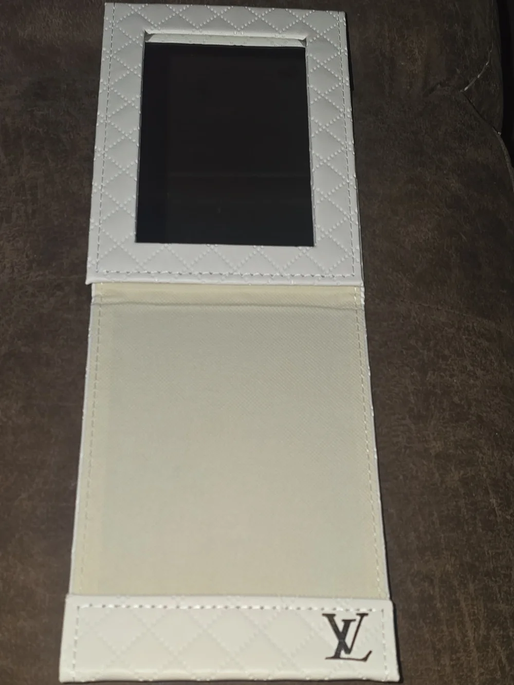 Custom Upcycled Quilted White Folding Tabletop Makeup Mirror w/ Stand